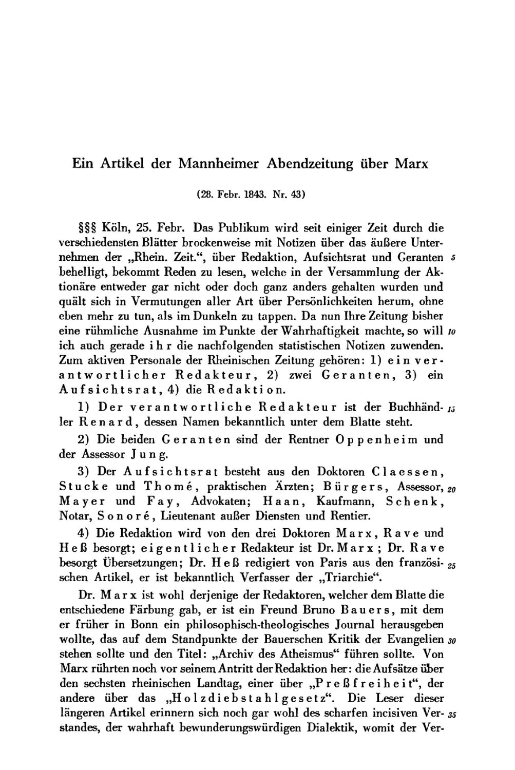 Ein Artikel der Mannheimer Abendzeitung über Marx