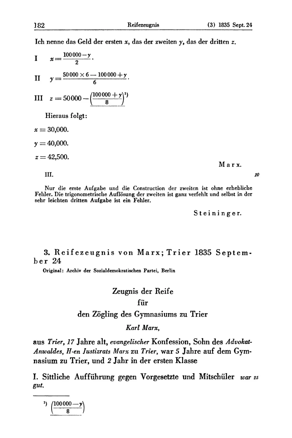 3. Reifezeugnis von Marx; Trier 1835 September 24