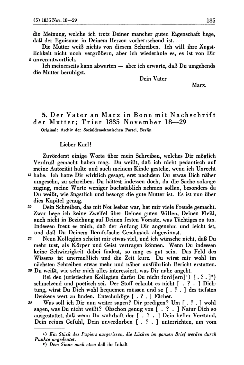 5. Der Vater an Marx in Bonn mit Nachschrift der Mutter; Trier 1835 November 18 — 29