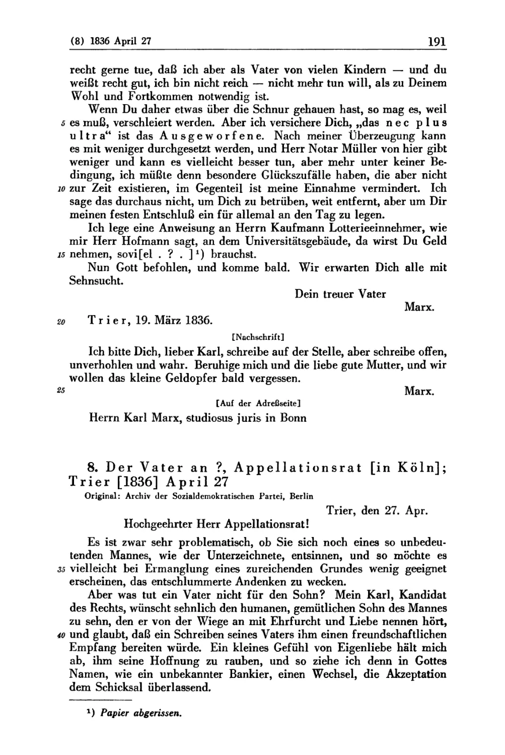 8. Der Vater an ?, Appellationsrat [in Köln]; Trier [1836] April 27