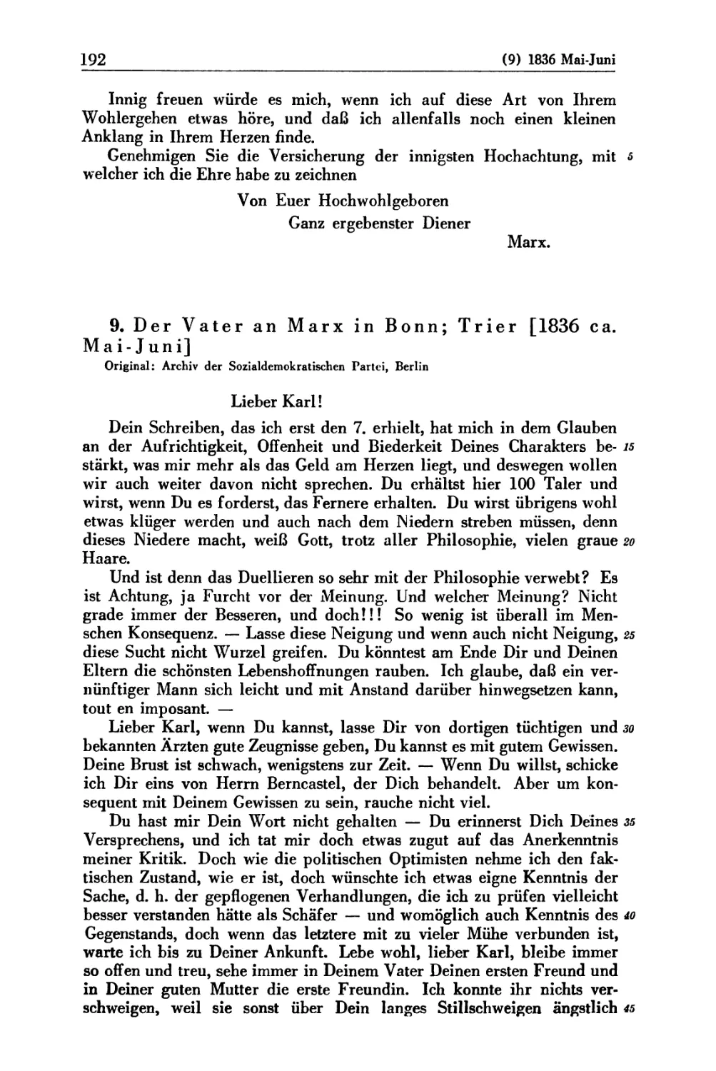 9. Der Vater an Marx in Bonn; Trier [1836 ca. Mai — Juni]