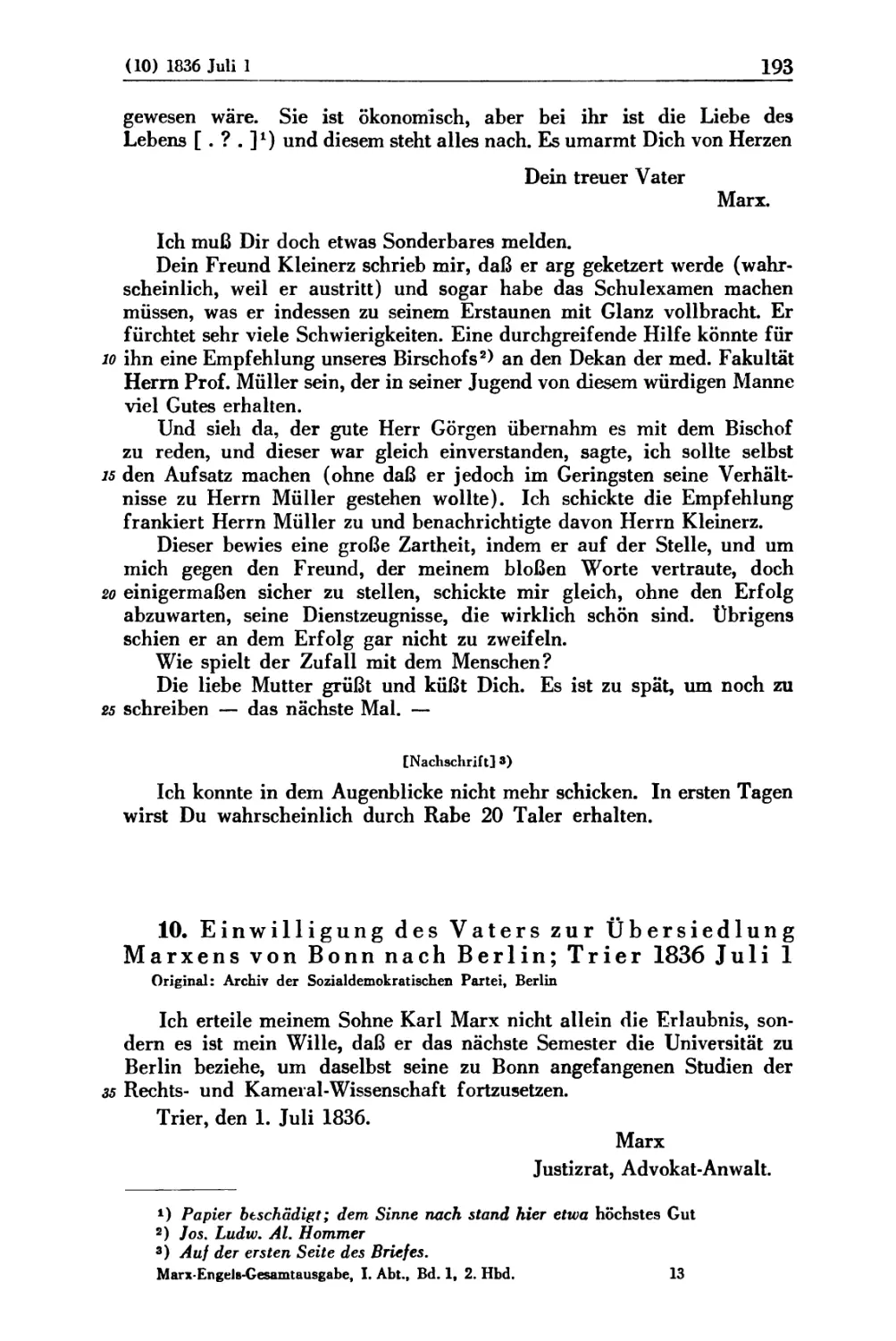 10. Einwilligung des Vaters zur Übersiedlung Marxens von Bonn nach Berlin; Trier 1836 Juli 1
