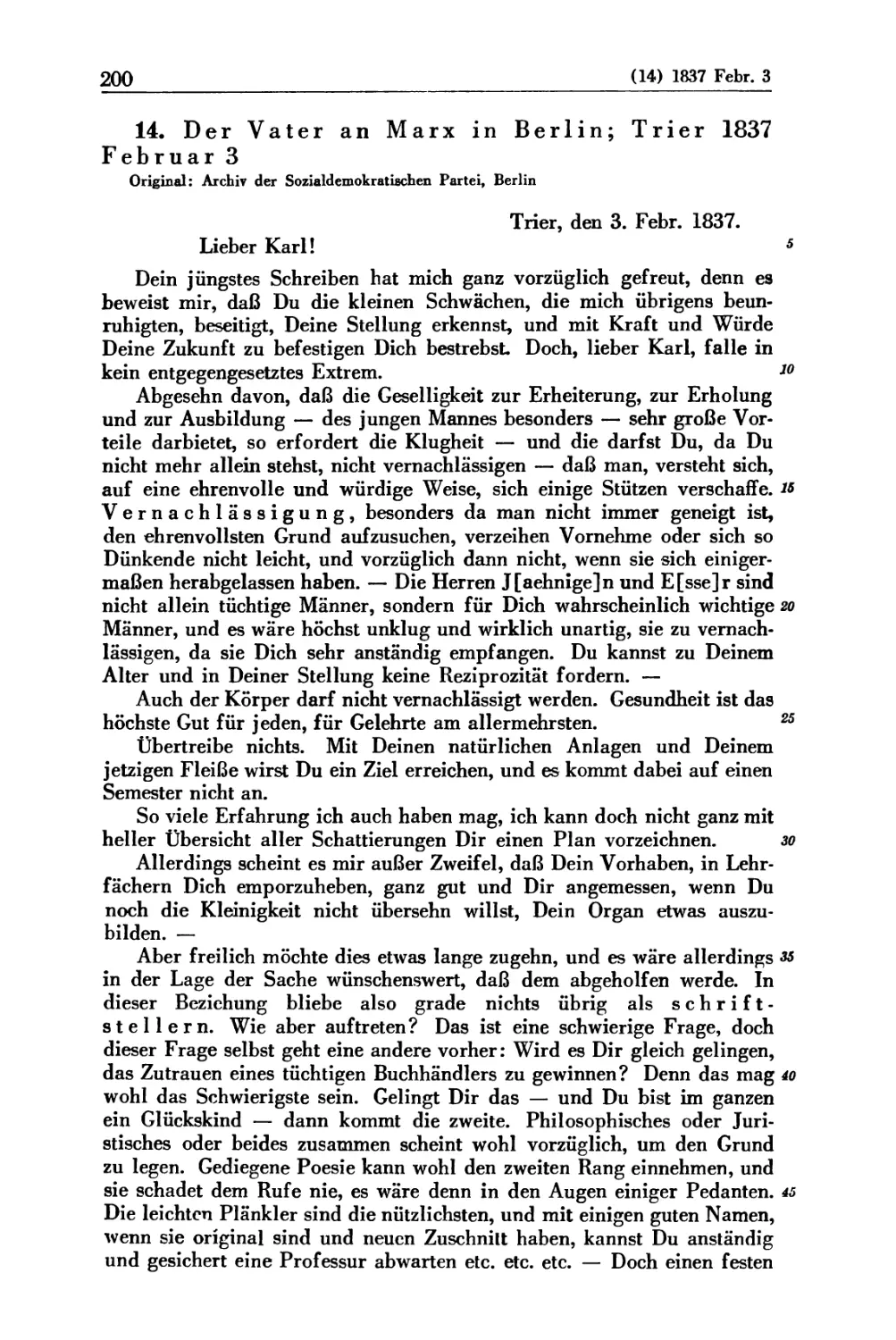 14. Der Vater an Marx in Berlin; Trier 1837 Februar 3