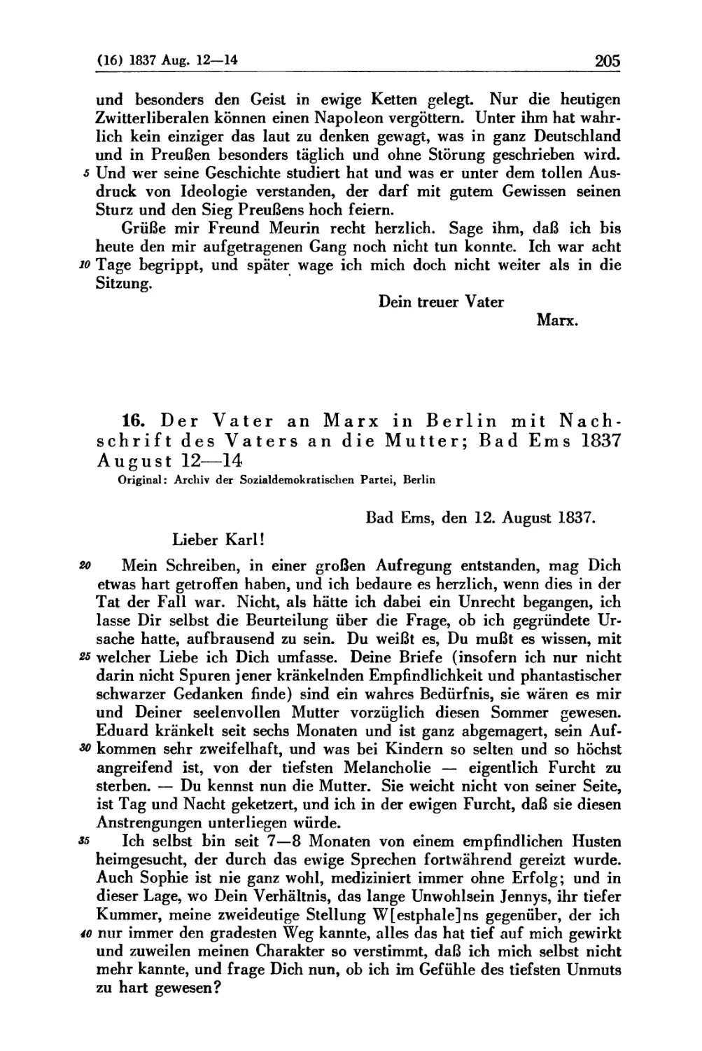 16. Der Vater an Marx in Berlin mit Nachschrift des Vaters an die Mutter; Bad Ems 1837 August 12—14