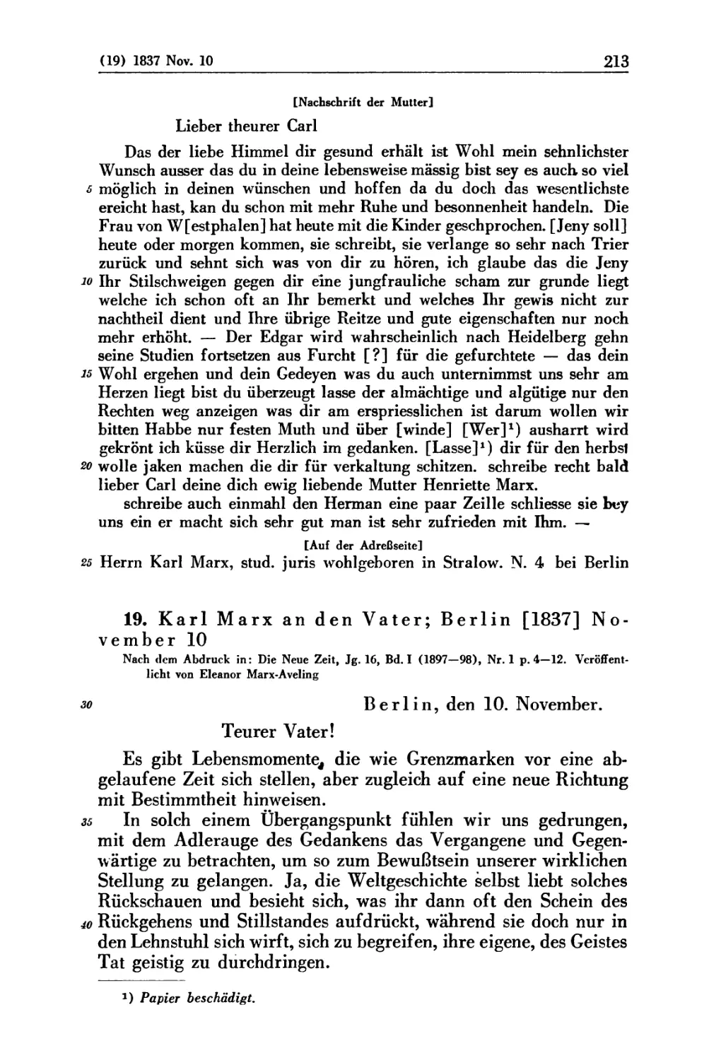 19. Karl Marx an den Vater; Berlin [1837] November 10