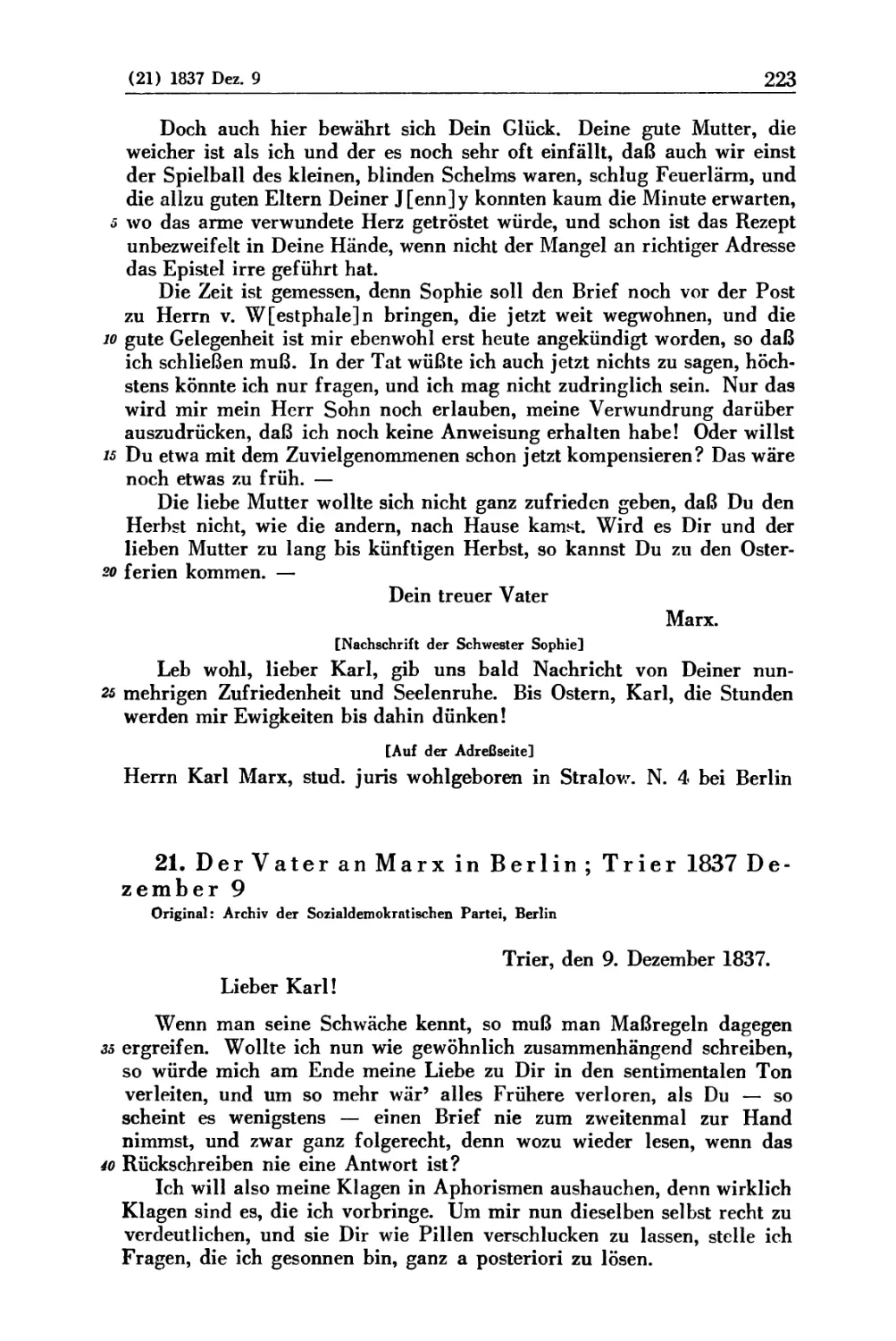 21. Der Vater an Marx in Berlin; Trier 1837 Dezember 9