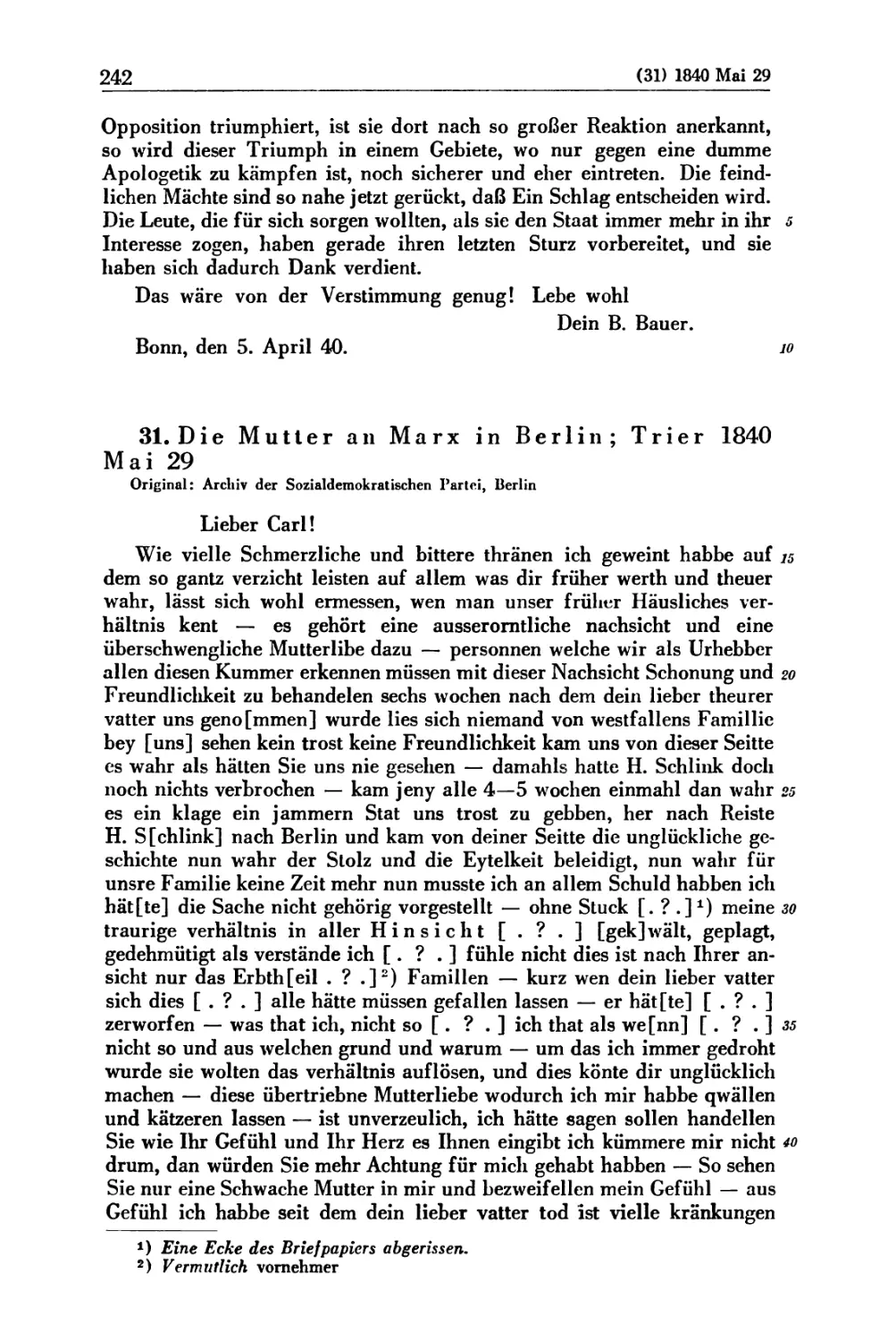 31. Die Mutter an Marx in Berlin; Trier 1840 Mai 29