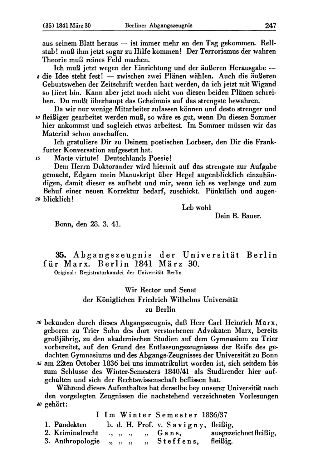 35. Abgangszeugnis der Universität Berlin für Marx. Berlin 1841 März 30