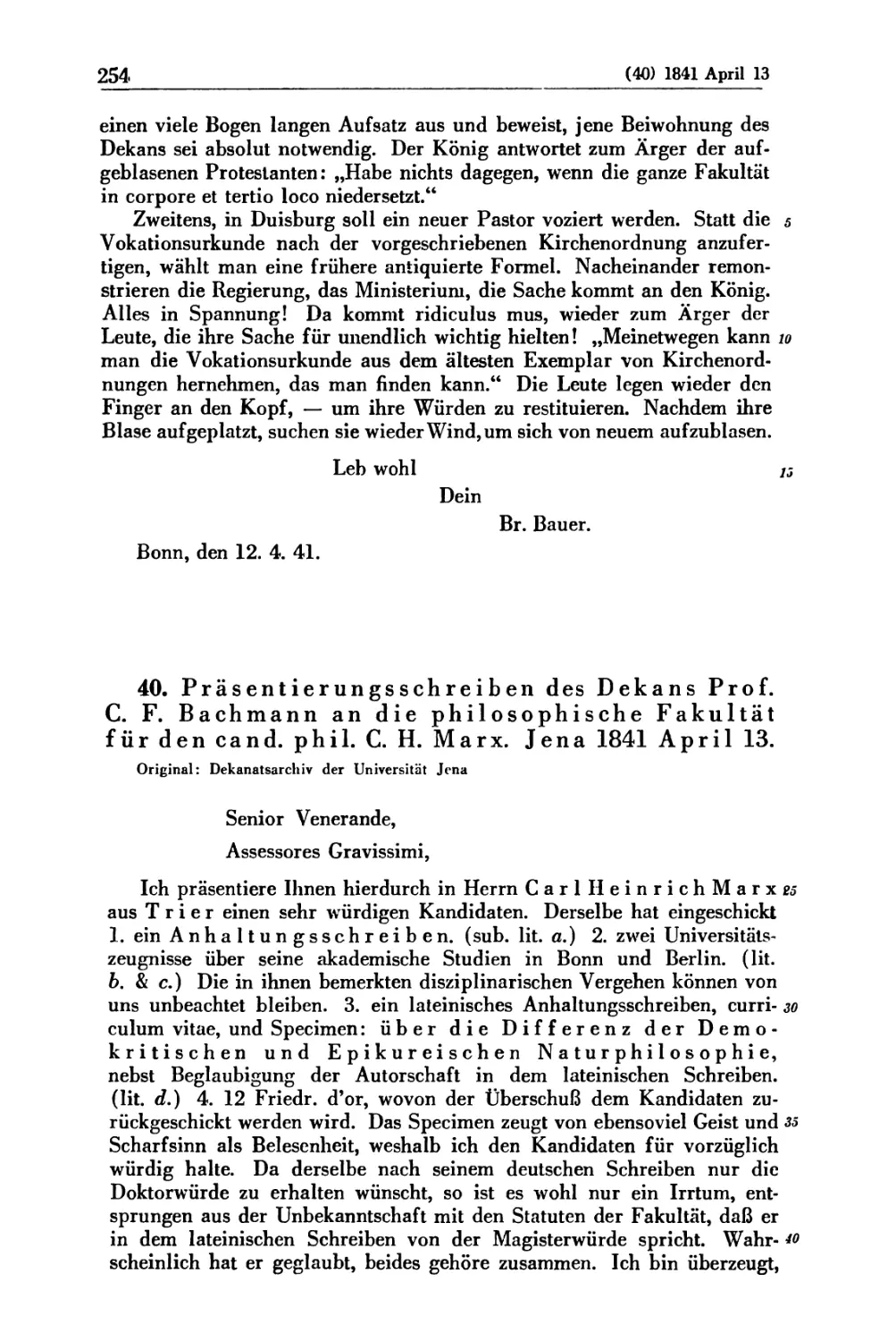 40. Präsentierungsschreiben des Dekans Prof. C. F. Bachmann an die philosophische Fakultät für den cand. phil. C. H. Marx. Jena 1841 April 13