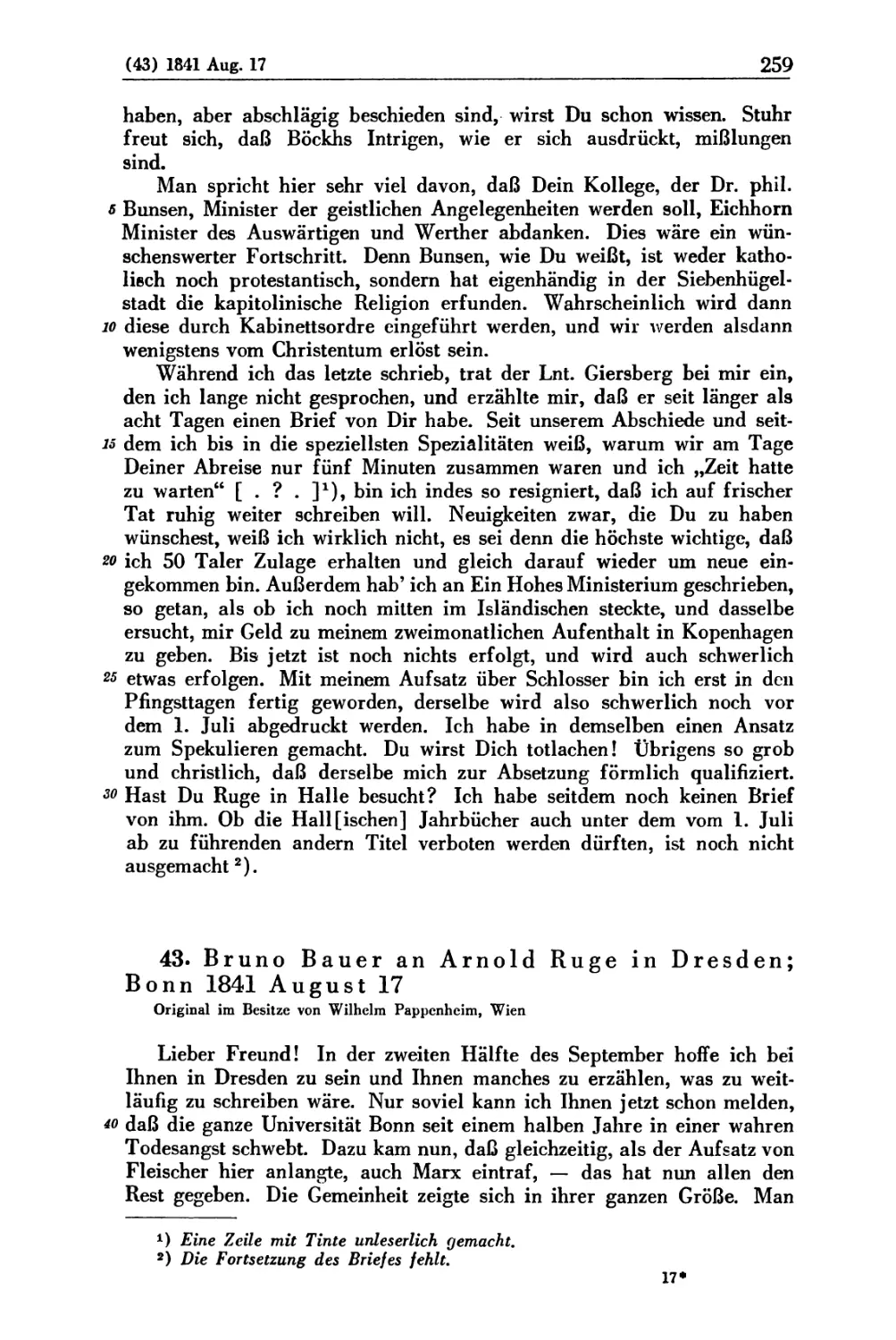 43. Bruno Bauer an Arnold Ruge in Dresden; Bonn 1841 August 17