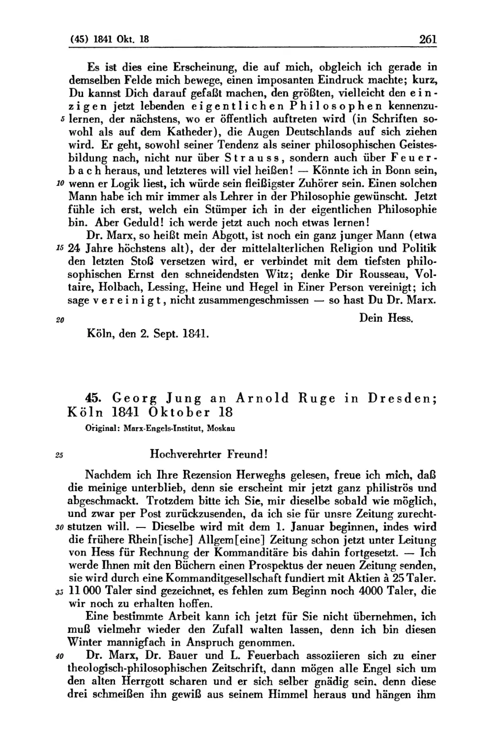 45. Georg Jung an Arnold Ruge in Dresden; Köln 1841 Oktober 18