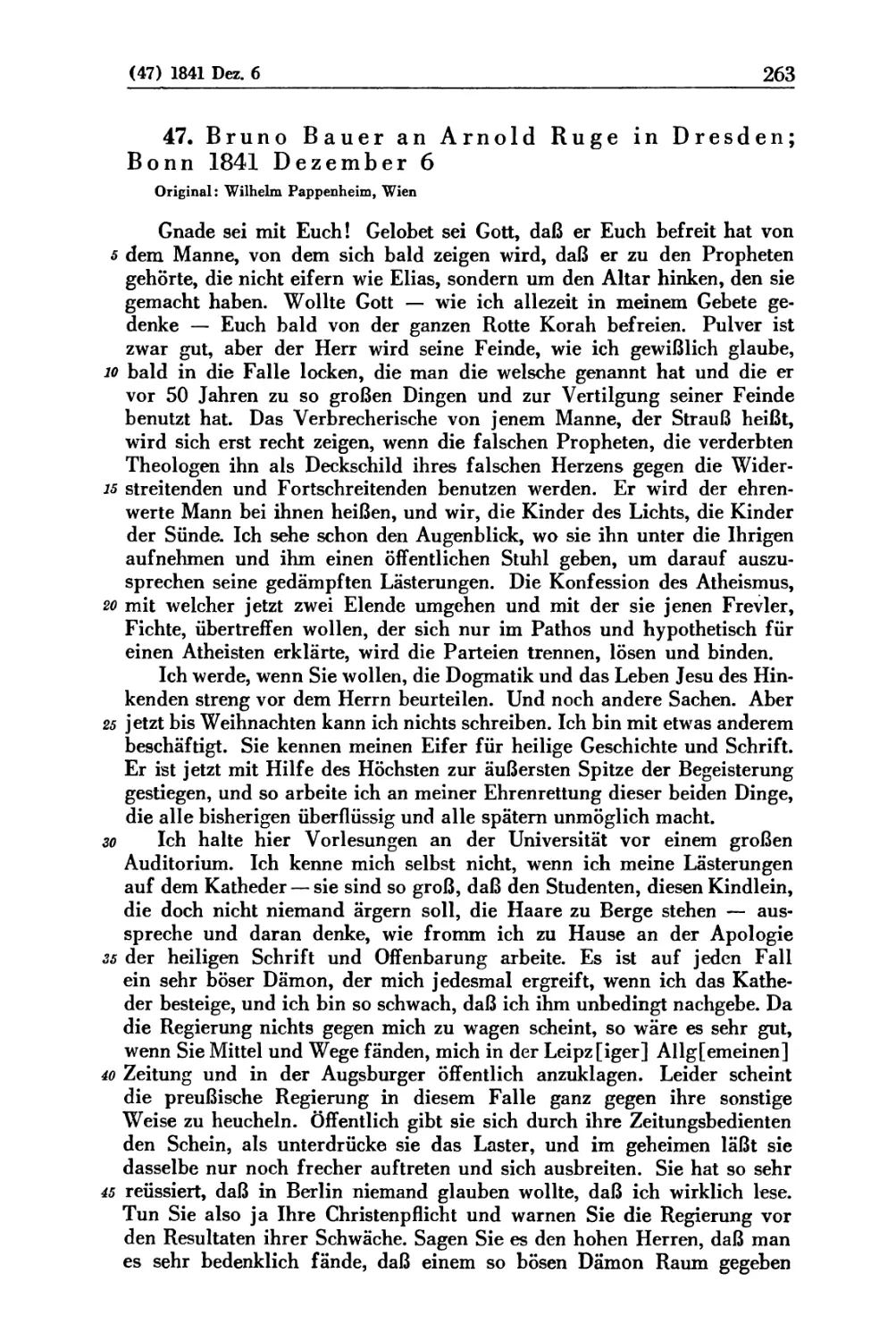47. Bruno Bauer an Arnold Ruge in Dresden; Bonn 1841 Dezember 6