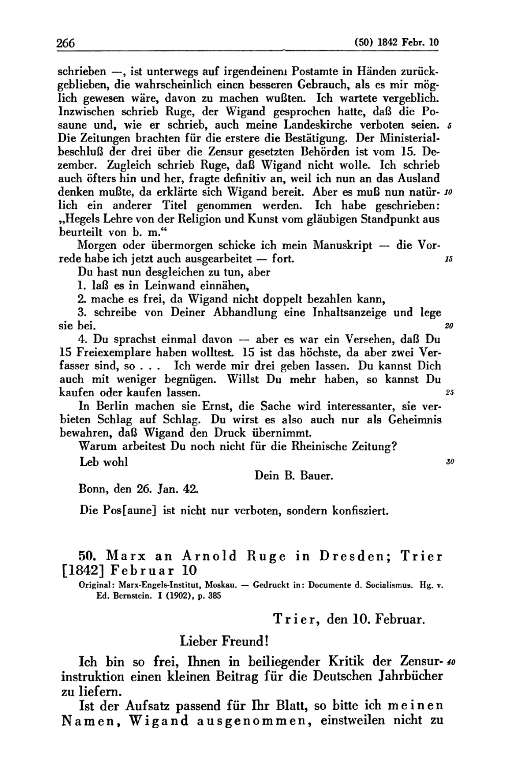 50. Marx an Arnold Ruge in Dresden; Trier [1842] Februar 10