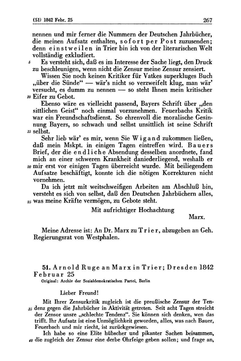 51. Arnold Ruge an Marx in Trier; Dresden 1842 Februar 25
