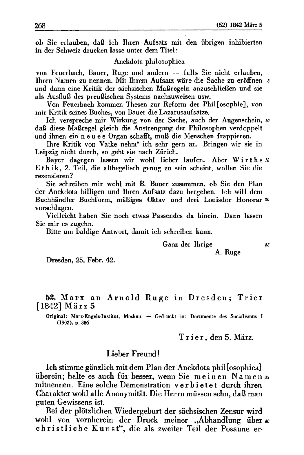 52. Marx an Arnold Ruge in Dresden; Trier [1842] März 5
