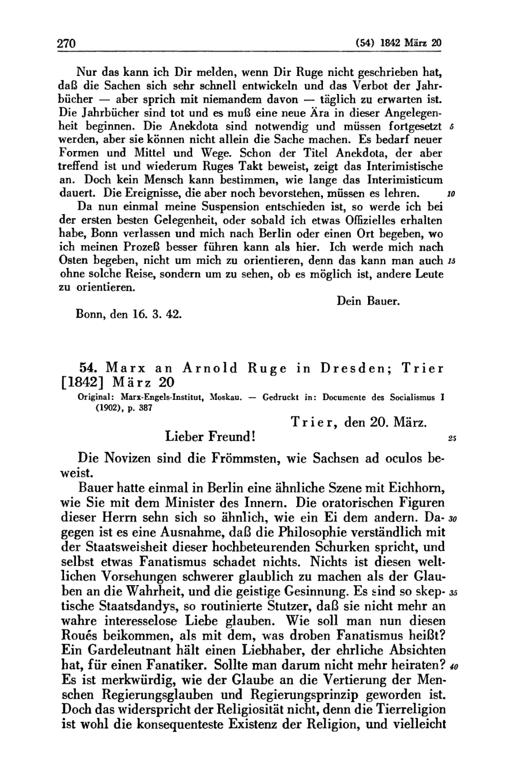 54. Marx an Arnold Ruge in Dresden; Trier [1842] März 20