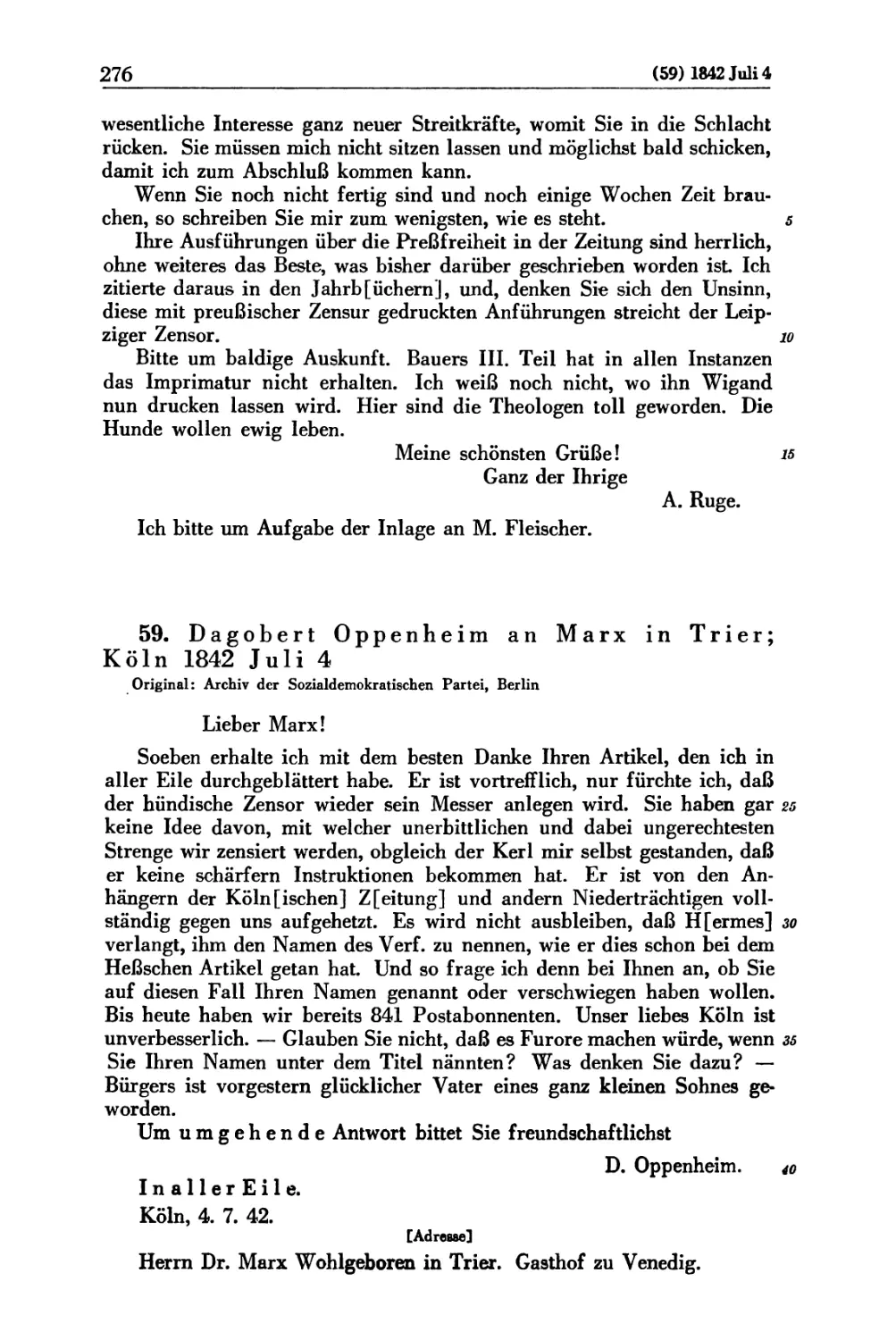 59. Dagobert Oppenheim an Marx in Trier; Köln 1842 Juli 4