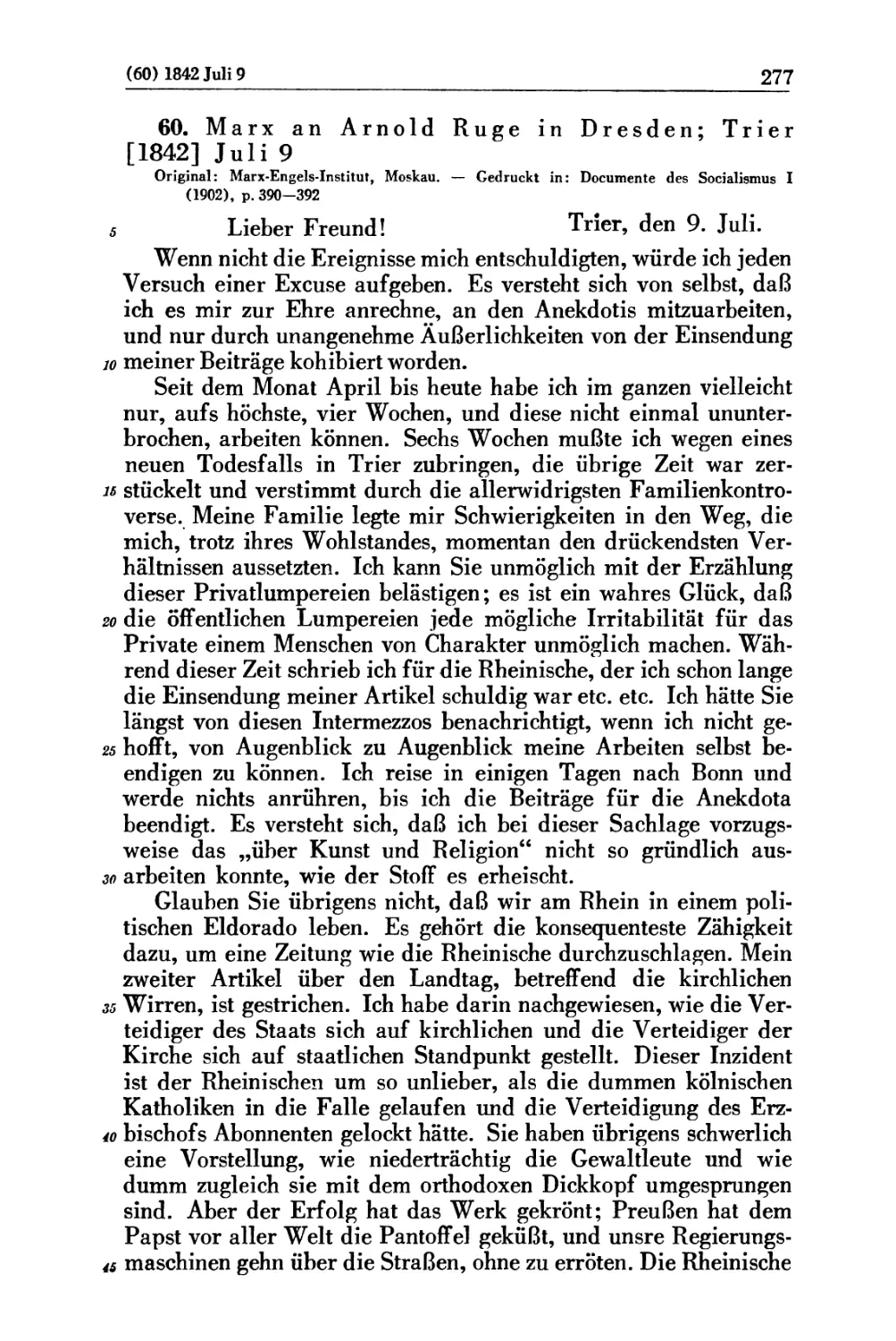 60. Marx an Arnold Ruge in Dresden; Trier [1842] Juli 9