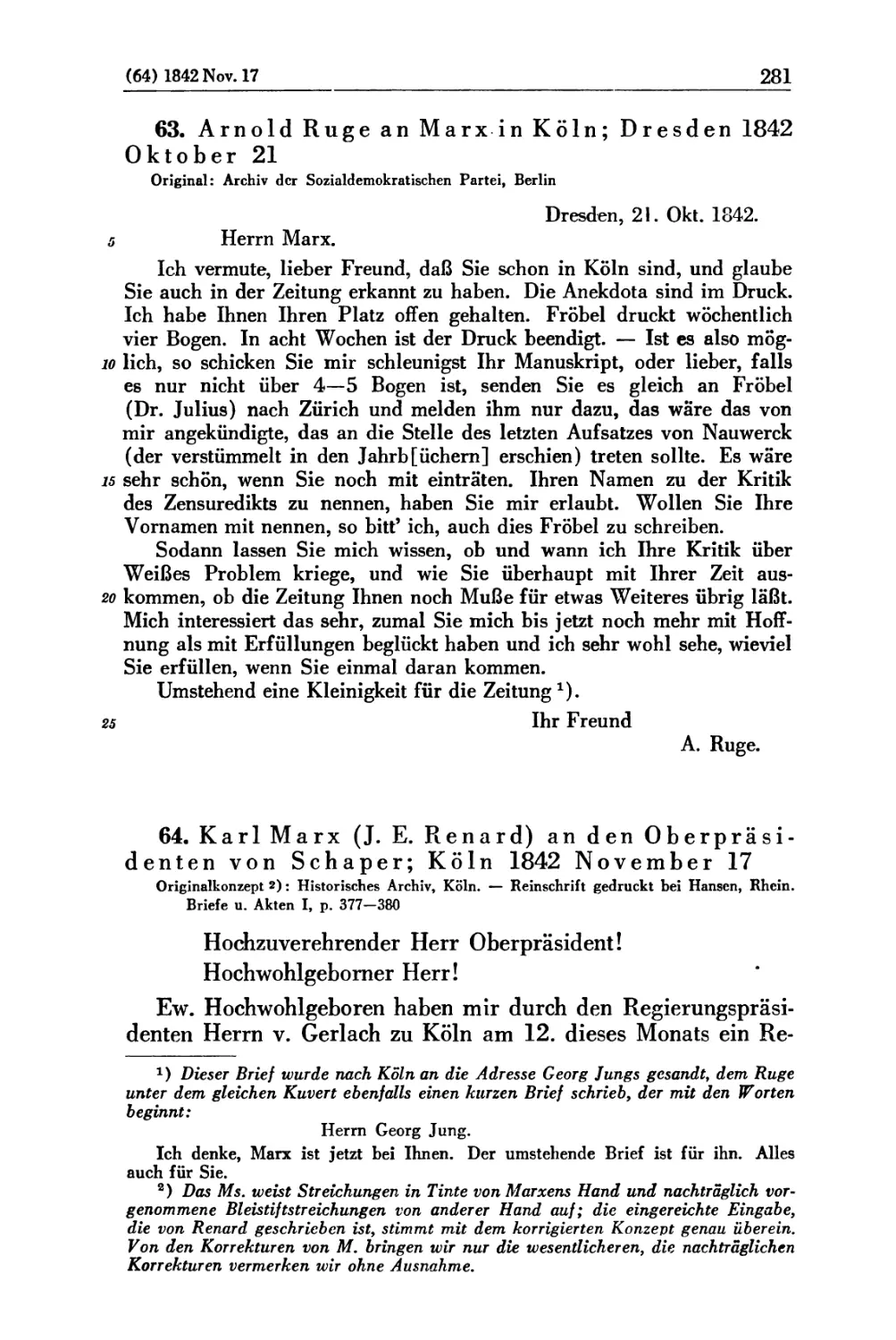 63. Arnold Ruge an Marx in Köln; Dresden 1842 Oktober 21