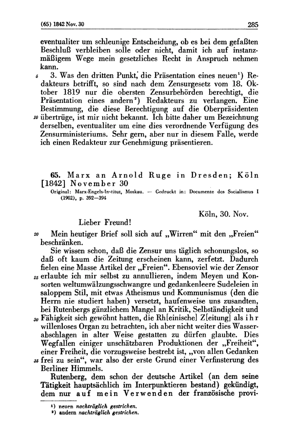 65. Marx an Arnold Ruge in Dresden; Köln [1842] November 30