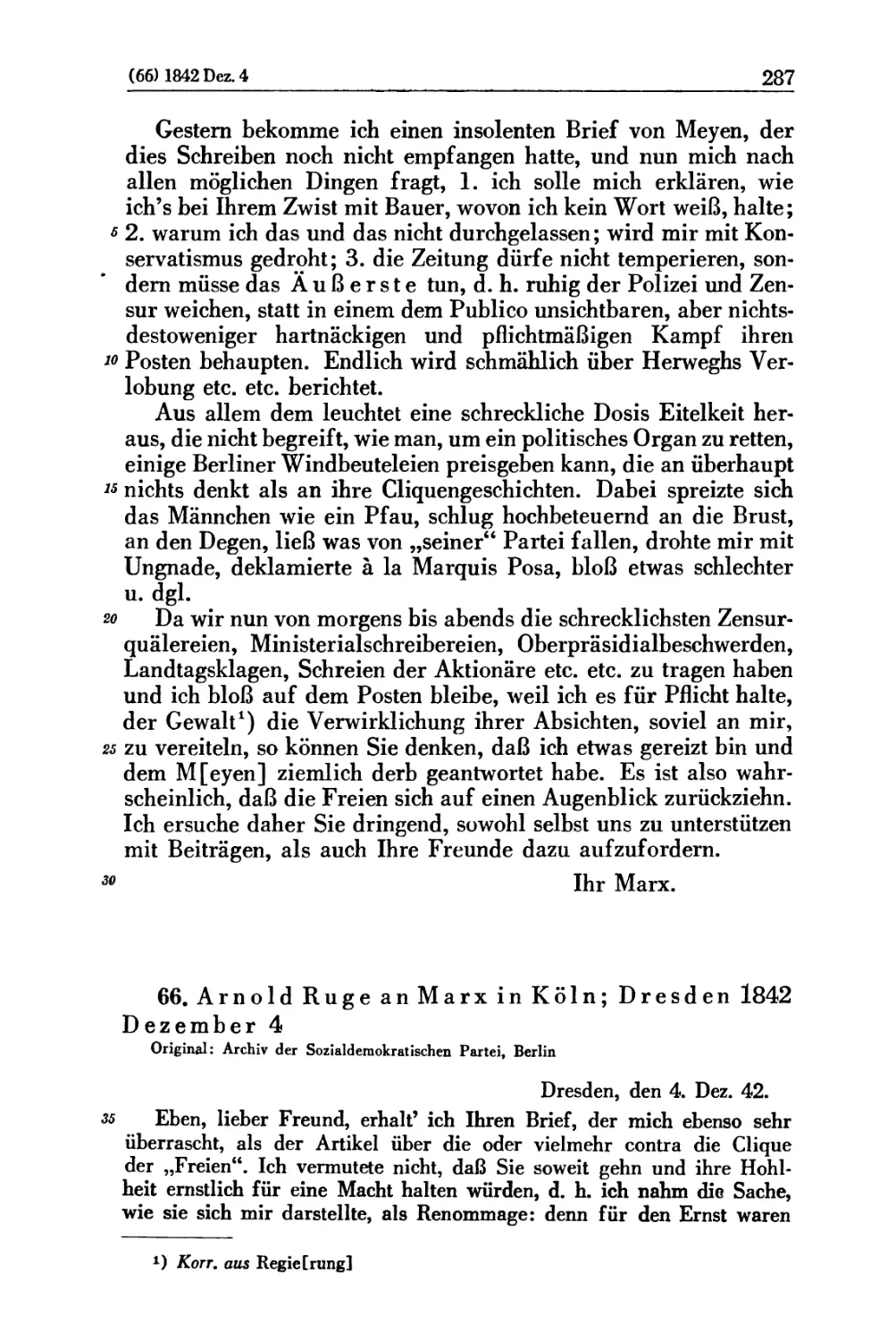 66. Arnold Ruge an Marx in Köln; Dresden 1842 Dezember 4