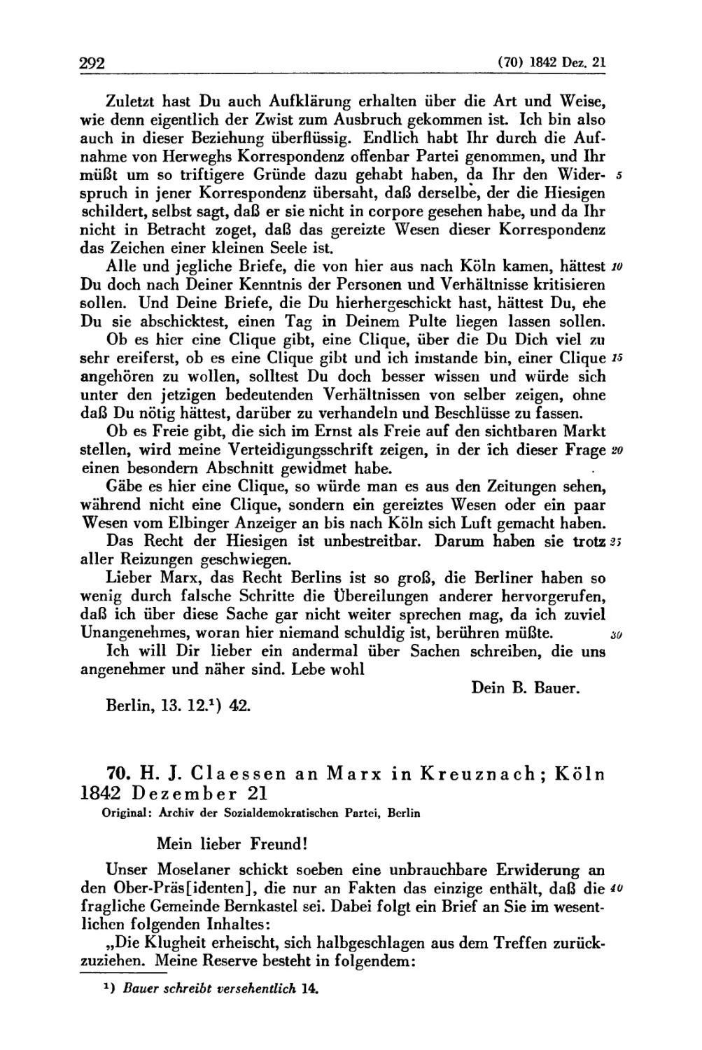 70. H. J. Claessen an Marx in Kreuznach; Köln 1842 Dezember 21