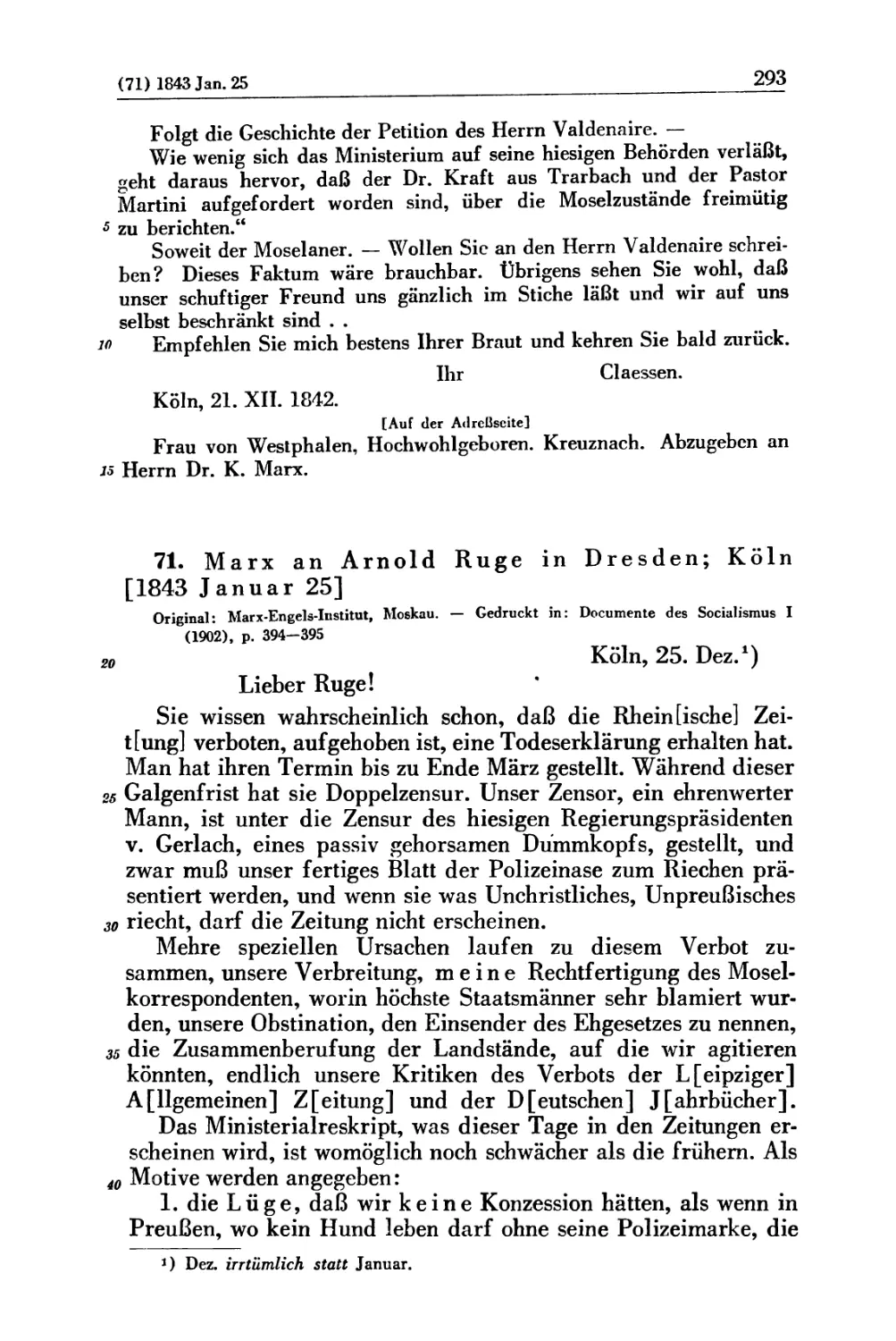 71. Marx an Arnold Ruge in Dresden; Köln [1843 Januar 25]