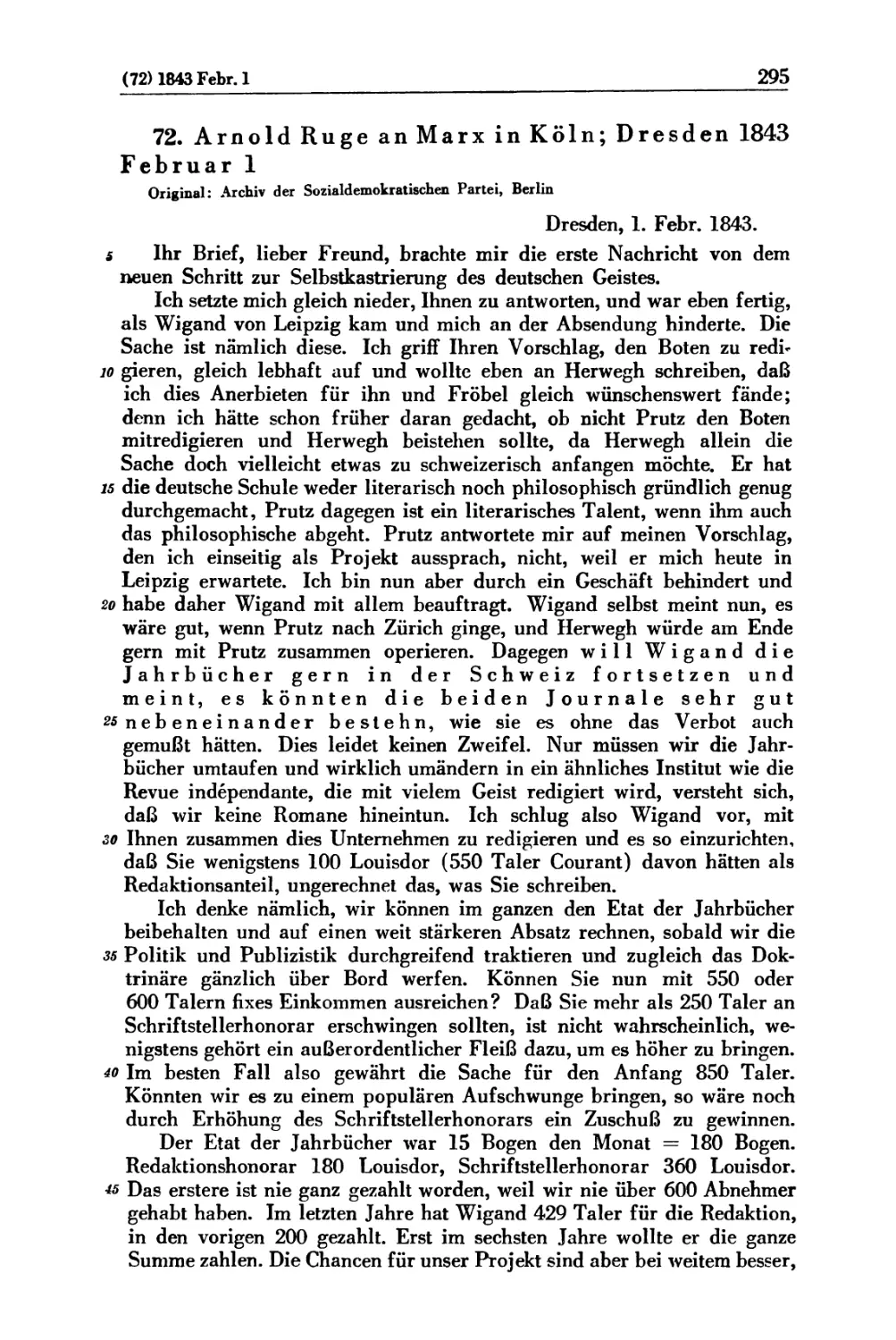 72. Arnold Ruge an Marx in Köln; Dresden 1843 Februar 1