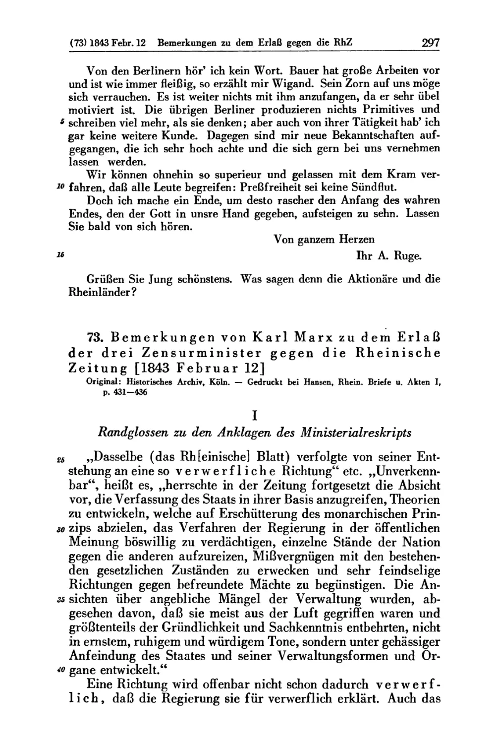 73. Bemerkungen von Karl Marx zu dem Erlaß der drei Zensurminister gegen die Rheinische Zeitung [1843 Februar 12]