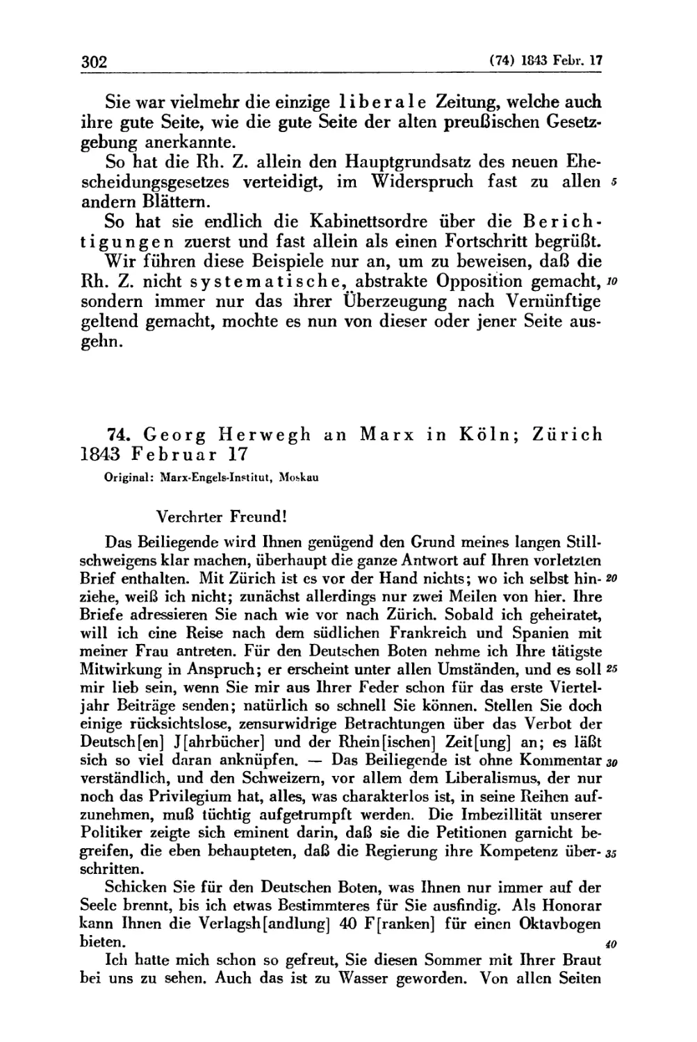 74. Georg Herwegh an Marx in Köln; Zürich 1843 Februar 17