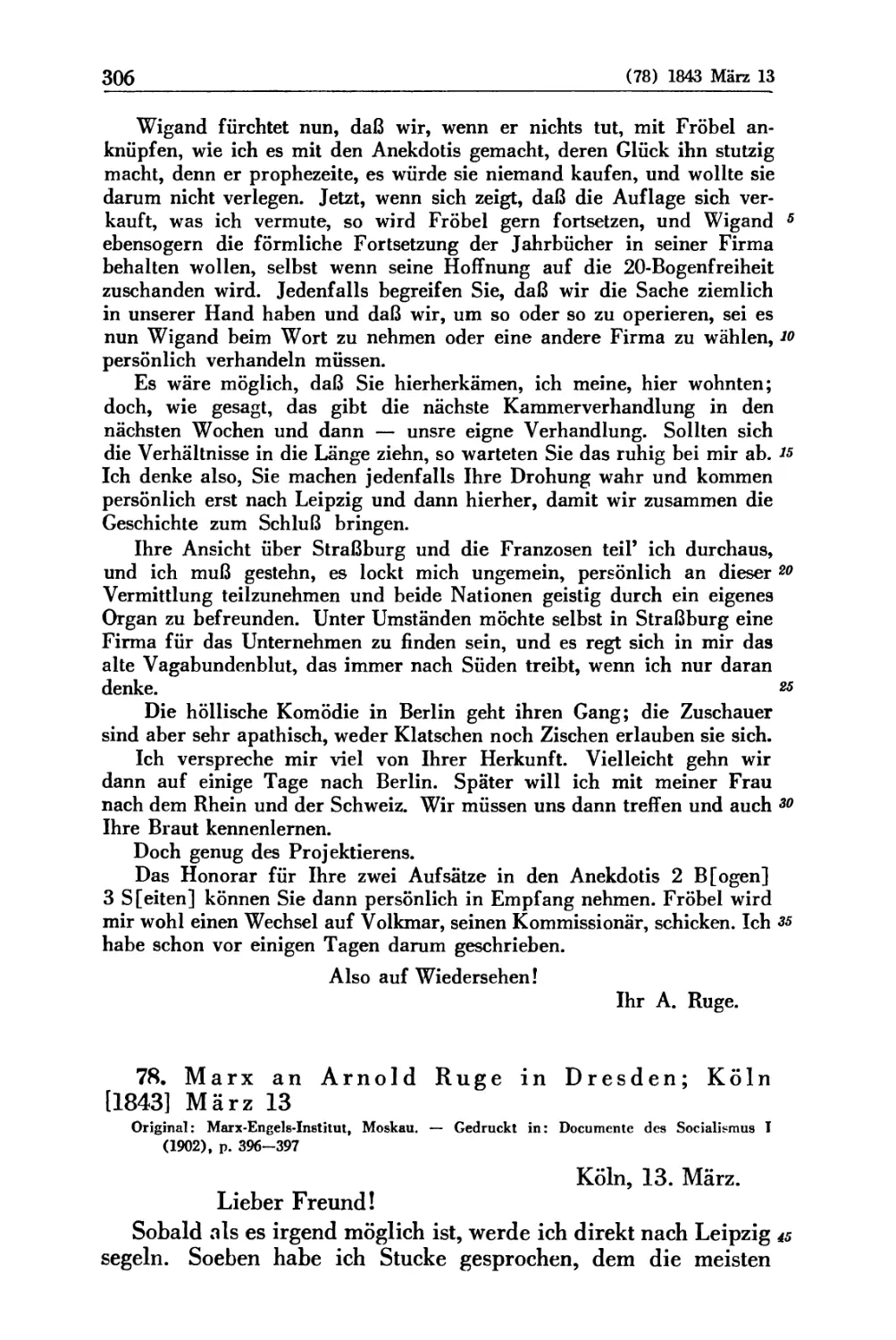 78. Marx an Arnold Ruge in Dresden; Köln [1843] März 13