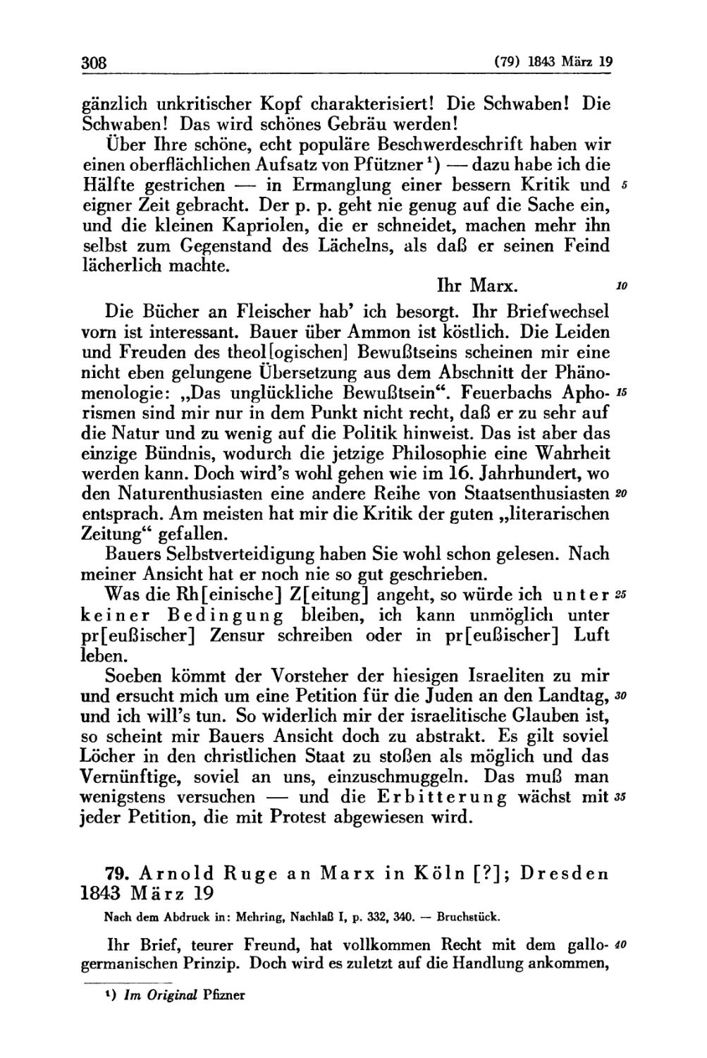 79. Arnold Ruge an Marx in Köln [?]; Dresden 1843 März 19