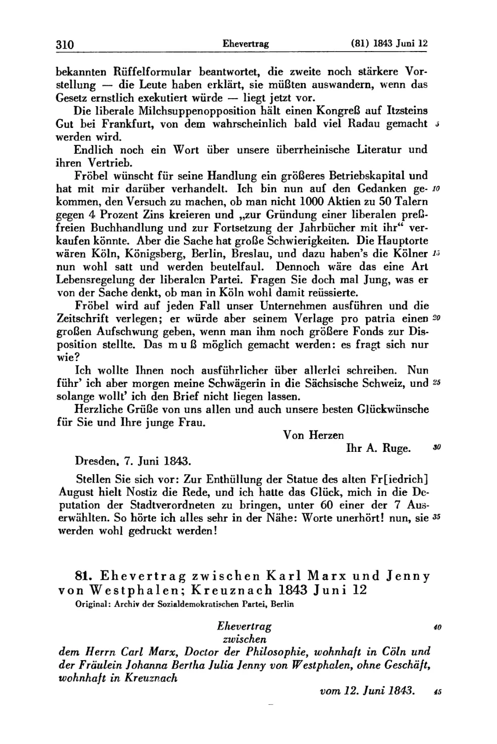 81. Ehevertrag zwischen Karl Marx und Jenny von Westphalen; Kreuznach 1843 Juni 12