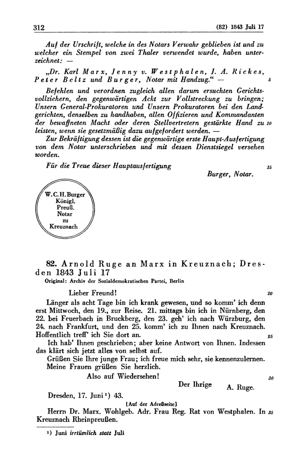 82. Arnold Ruge an Marx in Kreuznach; Dresden 1843 Juli 17