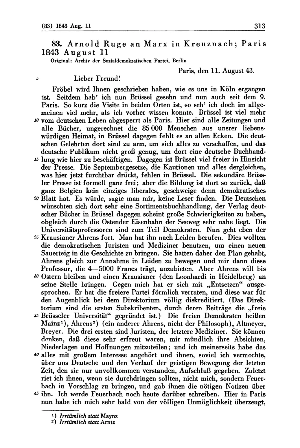 83. Arnold Ruge an Marx in Kreuznach; Paris 1843 August 11