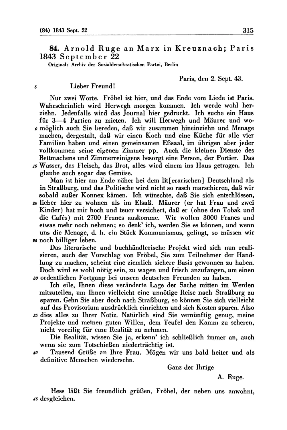 84. Arnold Ruge an Marx in Kreuznach; Paris 1843 September 22