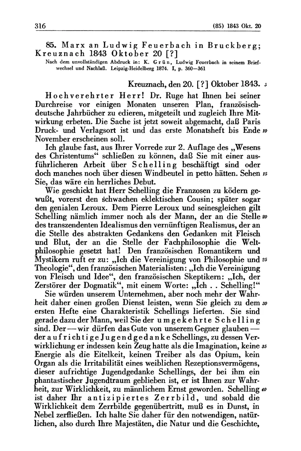 85. Marx an Ludwig Feuerbach in Bruckberg; Kreuznach 1843 Oktober 20 [?]