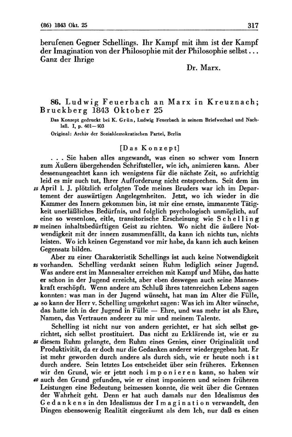 86. Ludwig Feuerbach an Marx in Kreuznach; Bruckberg 1843 Oktober 25