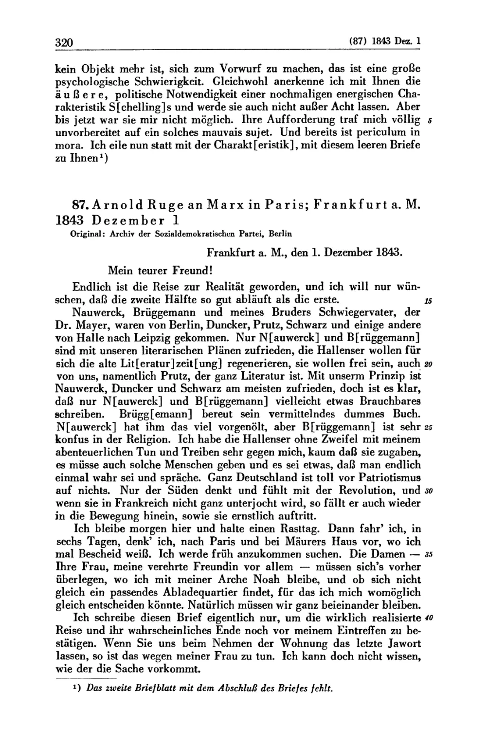 87. Arnold Ruge an Marx in Paris; Frankfurt a. M. 1843 Dezember 1