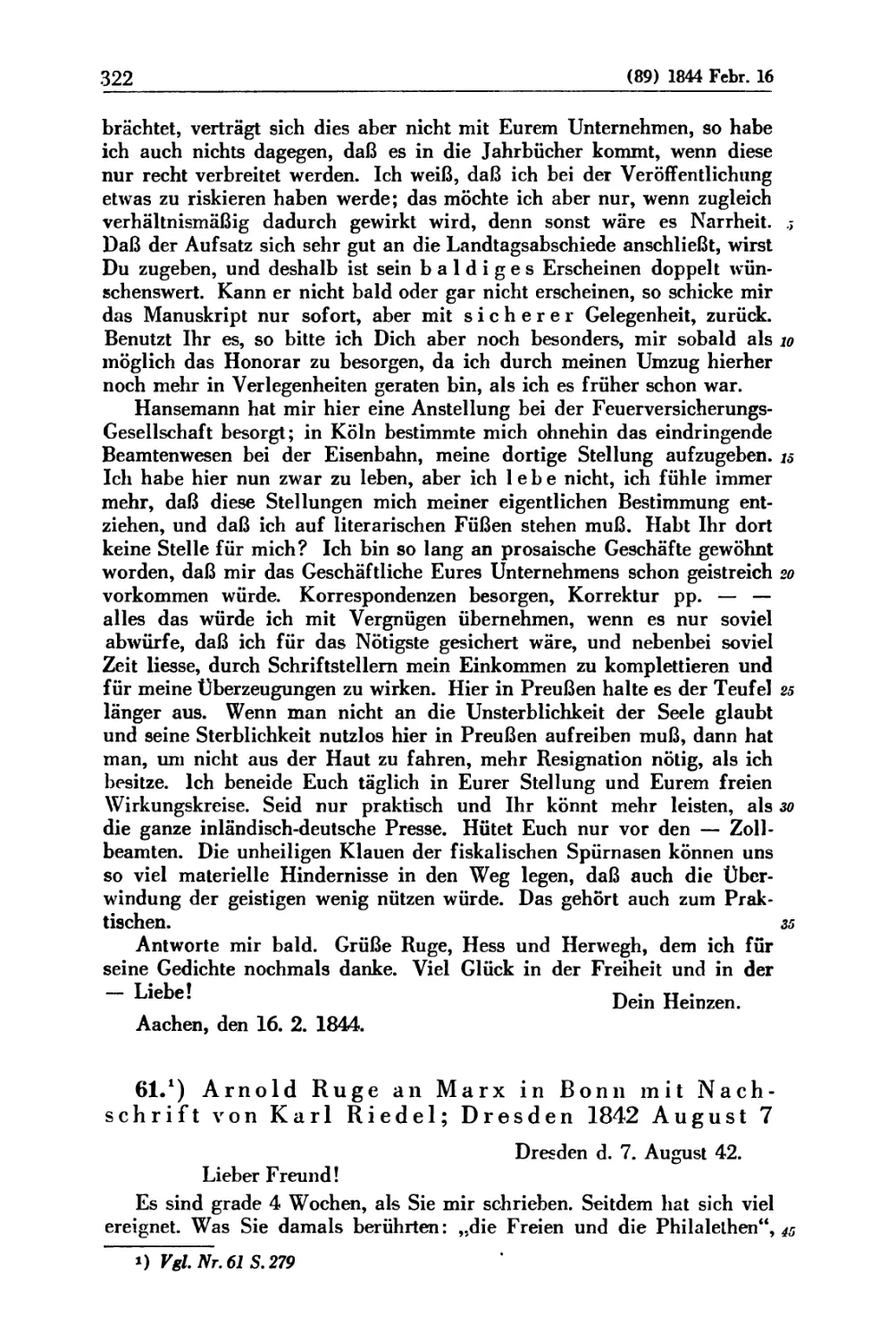 Zu 61. Arnold Ruge an Marx in Bonn mit Nachschrift von Karl Riedel; Dresden 1842 August 7