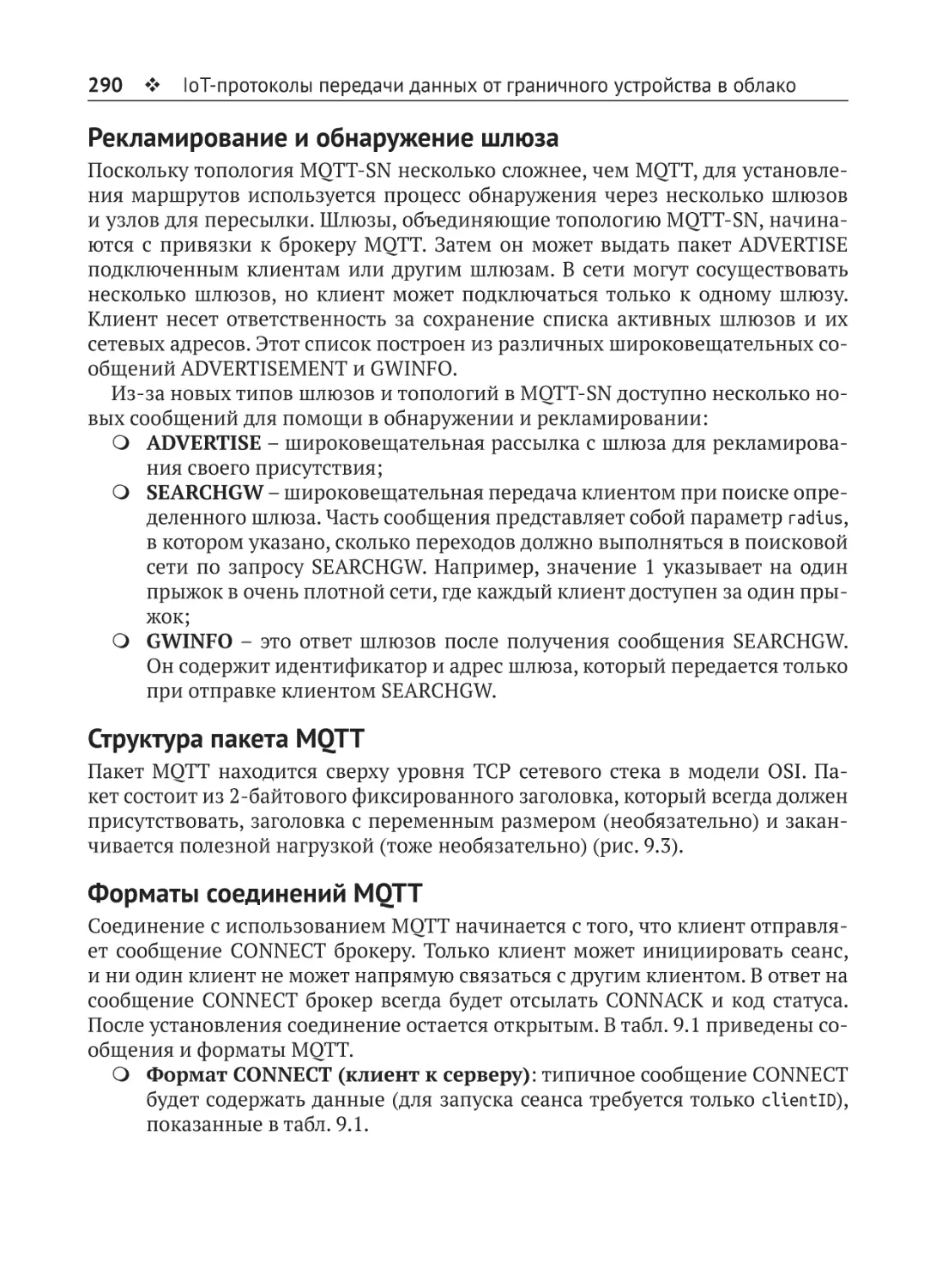Рекламирование и обнаружение шлюза
Структура пакета MQTT
Форматы соединений MQTT