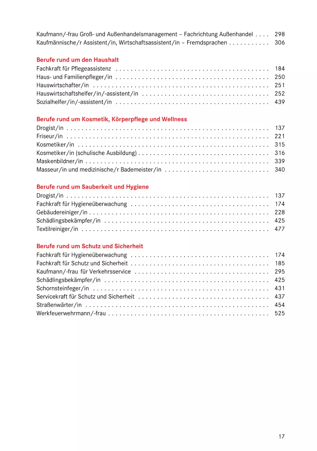 Berufe rund um Kosmetik, Körperpflege und Wellness
Berufe rund um Sauberkeit und Hygiene
Berufe rund um Schutz und Sicherheit
Berufe rund um den Haushalt