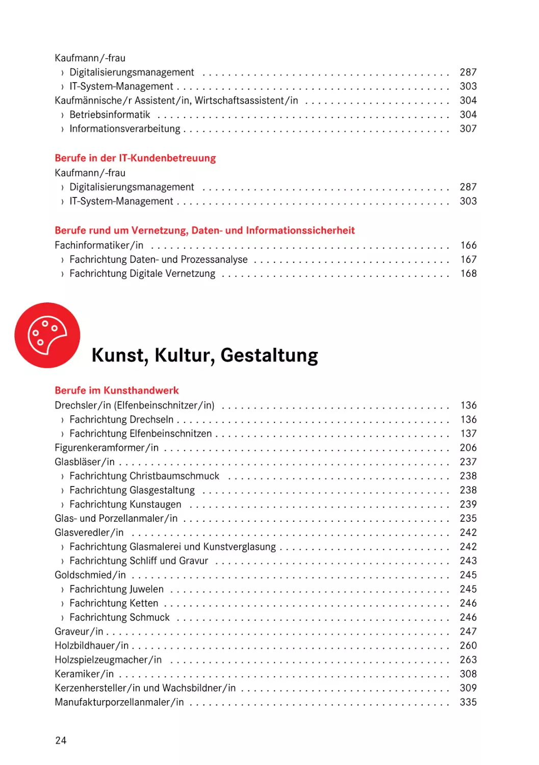 Berufe in der IT-Kundenbetreuung
Berufe rund um Vernetzung, Daten- und Informationssicherheit
Kunst, Kultur, Gestaltung
Berufe im Kunsthandwerk