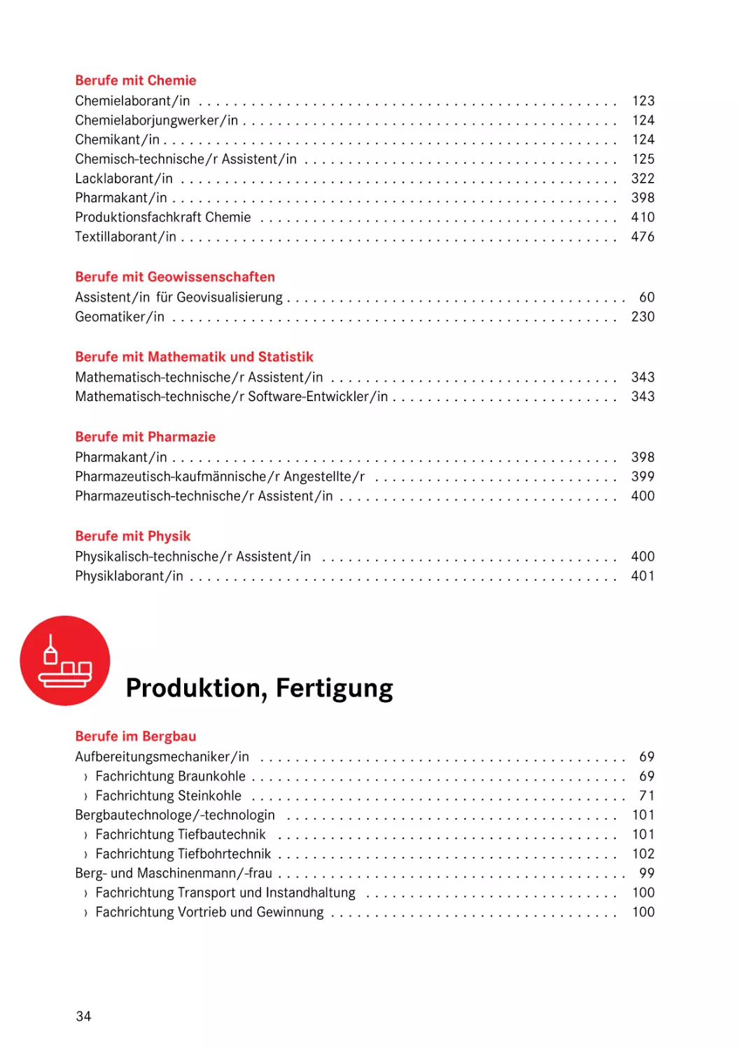 Berufe mit Chemie
Berufe mit Geowissenschaften
Berufe mit Mathematik und Statistik
Berufe mit Pharmazie
Berufe mit Physik
Produktion, Fertigung
Berufe im Bergbau