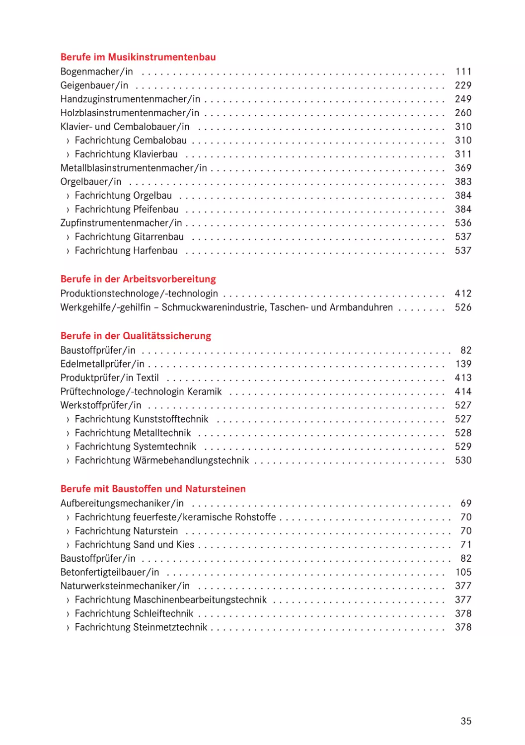 Berufe im Musikinstrumentenbau
Berufe in der Arbeitsvorbereitung
Berufe in der Qualitätssicherung
Berufe mit Baustoffen und Natursteinen