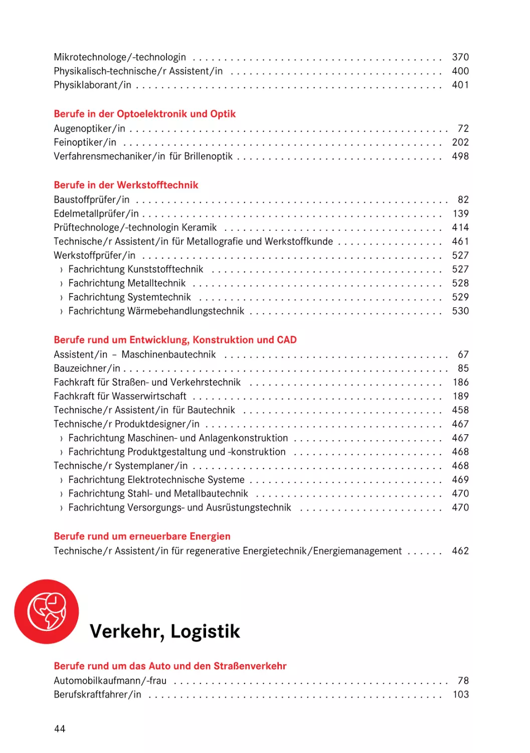 Berufe in der Optoelektronik und Optik
Berufe in der Werkstofftechnik
Berufe rund um Entwicklung, Konstruktion und CAD
Berufe rund um erneuerbare Energien
Verkehr, Logistik
Berufe rund um das Auto und den Straßenverkehr