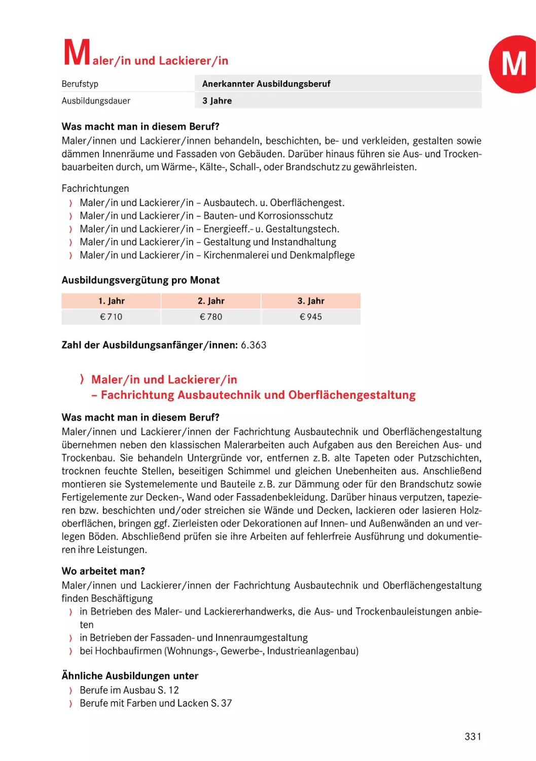 Maler/in und Lackierer/in
Fachrichtung Ausbautechnik und Oberflächengestaltung
Maler/in und Lackierer/in
Maler/in und Lackierer/in
Fachrichtung Ausbautechnik und Oberflächengestaltung
Maler/in und Lackierer/in
M
Maler/in und Lackierer/in
Fachrichtung Ausbautechnik und Oberflächengestaltung