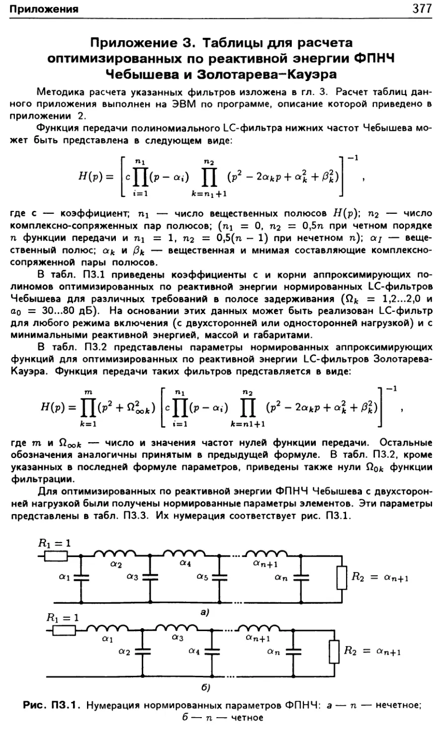 Приложение 3. Таблицы для расчета оптимизированных по реактивной энергии ФПНЧ Чебышева и Золотарева-Кауэра