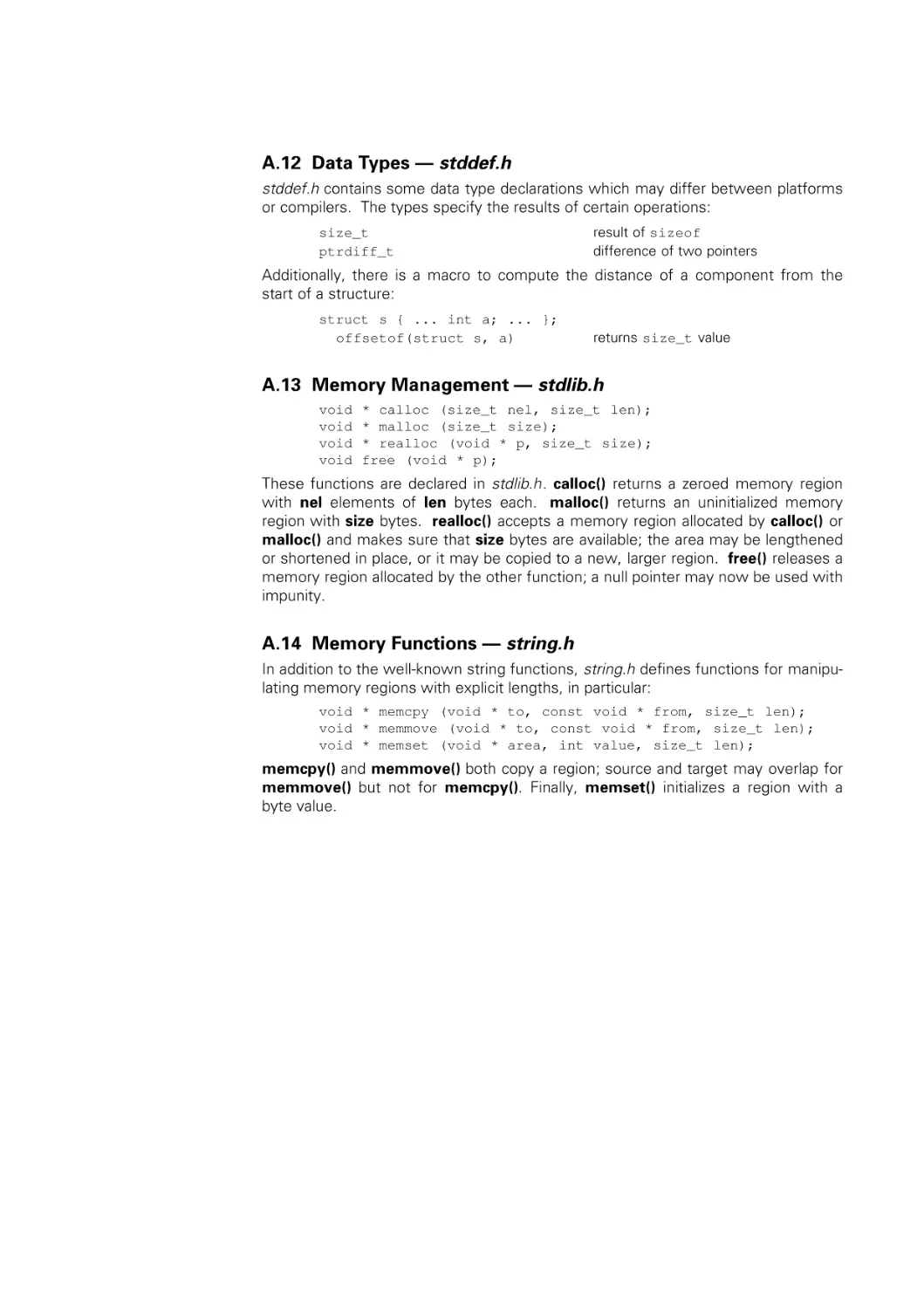 Data Types - stddef.h
Memory Management - stdlib.h
Memory Functions - string.h