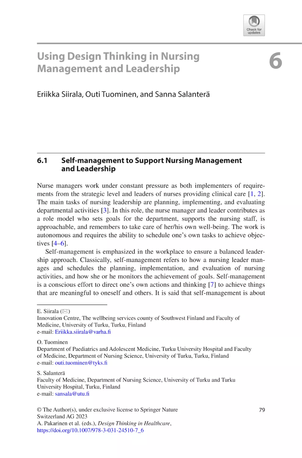 6
6.1	 Self-management to Support Nursing Management and Leadership